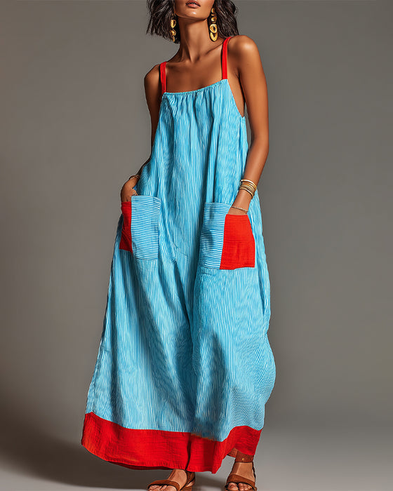 Kleid Blau Rot Farbblock Streifen Camisole
