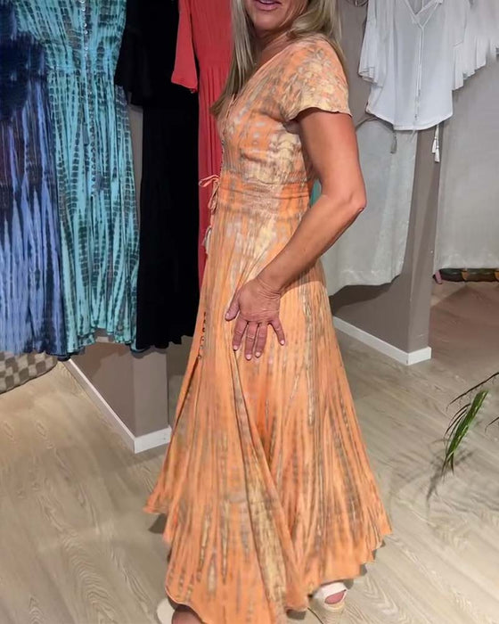 Kleid V-Ausschnitt Tie-Dye Kurzarm