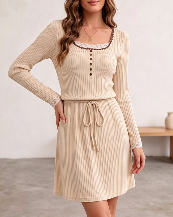 Kleid U-Ausschnitt Spitze Knopf Kordelzug Gerippt