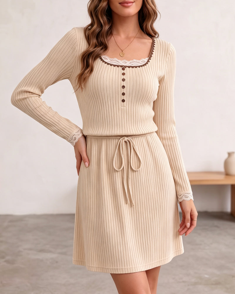 Kleid U-Ausschnitt Spitze Knopf Kordelzug Gerippt