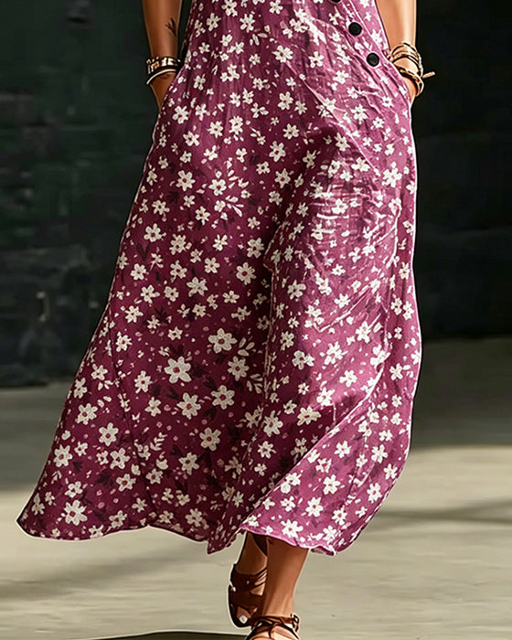 Kleid Kleine Blumen Asymmetrisch Knopf Ärmellos