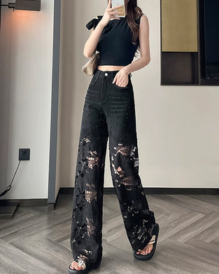 Jeans Damen Strass Ausschnitt Weites Bein