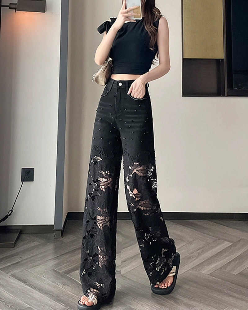 Jeans Damen Strass Ausschnitt Weites Bein