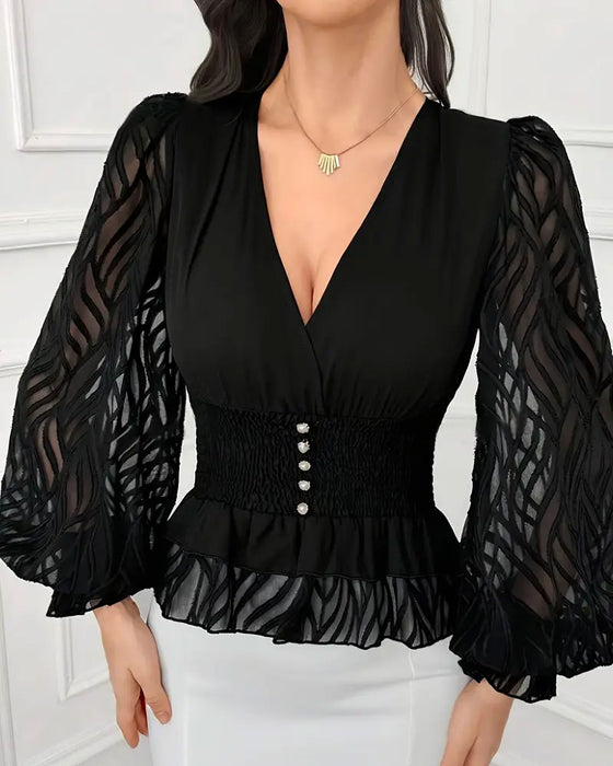 Französische V-Ausschnitt-Bluse Mit Patchwork