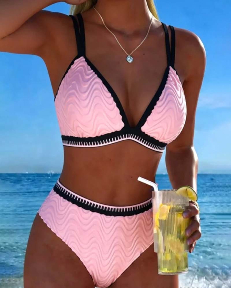Bikini Farbblock Doppelträger Strukturiert