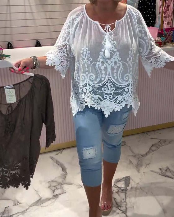 Bluse Schnürung Durchsichtig Spitze Patchwork