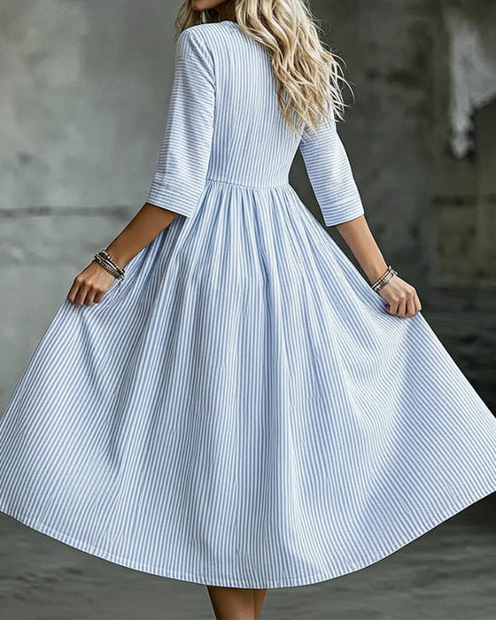 Kleid Gestreift Rundhals Hohe Taille Dreiviertelärmel