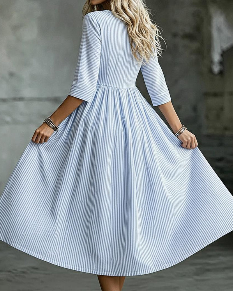 Kleid Gestreift Rundhals Hohe Taille Dreiviertelärmel