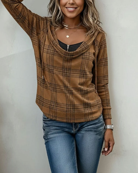 Top Karo Mock Layered Turtleneck Hoodie