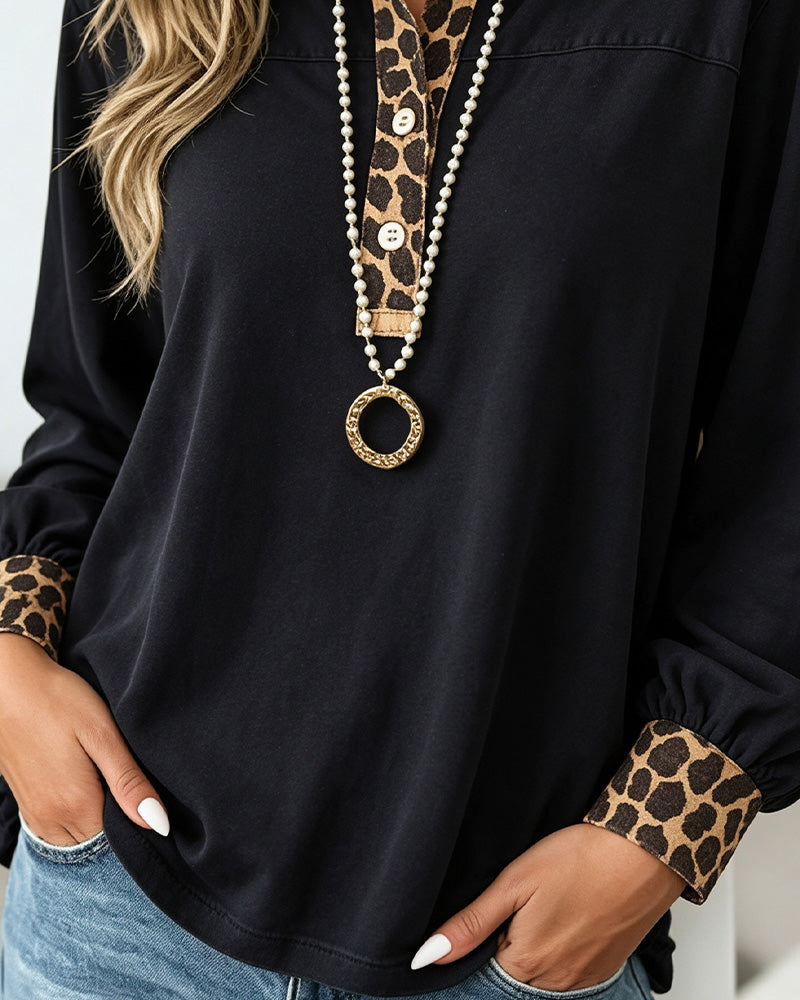 Top Leopardenmuster Revers Patchwork Knopf