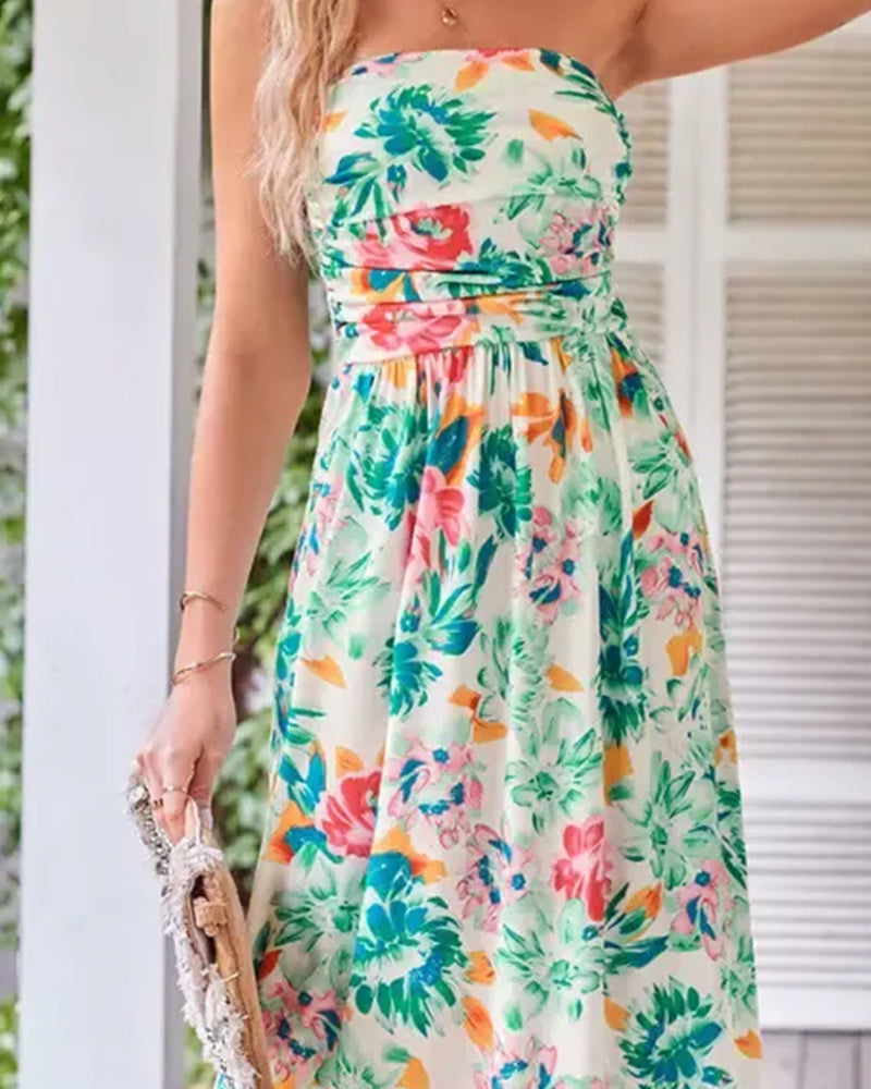 Kleid Blumen Trägerlos Taille A-Linie