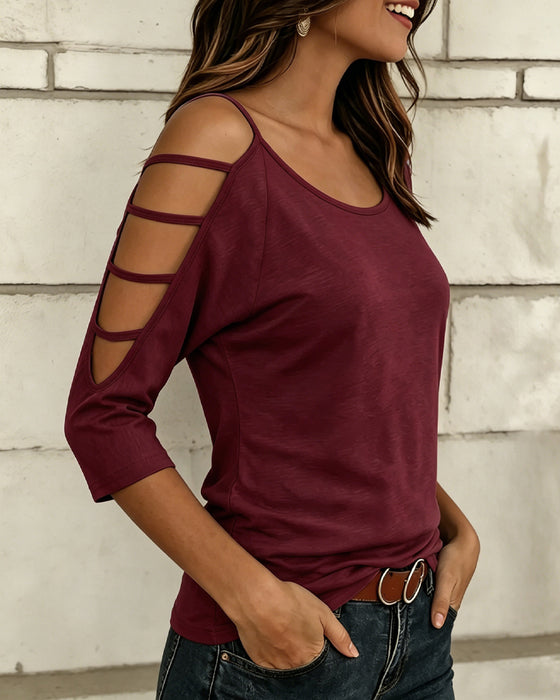 T-Shirt Uni Farbe Ellenbogenlang Ärmel Off-Shoulder