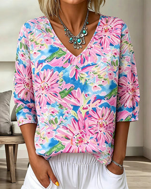Bluse Blumig V-Ausschnitt Halbarm