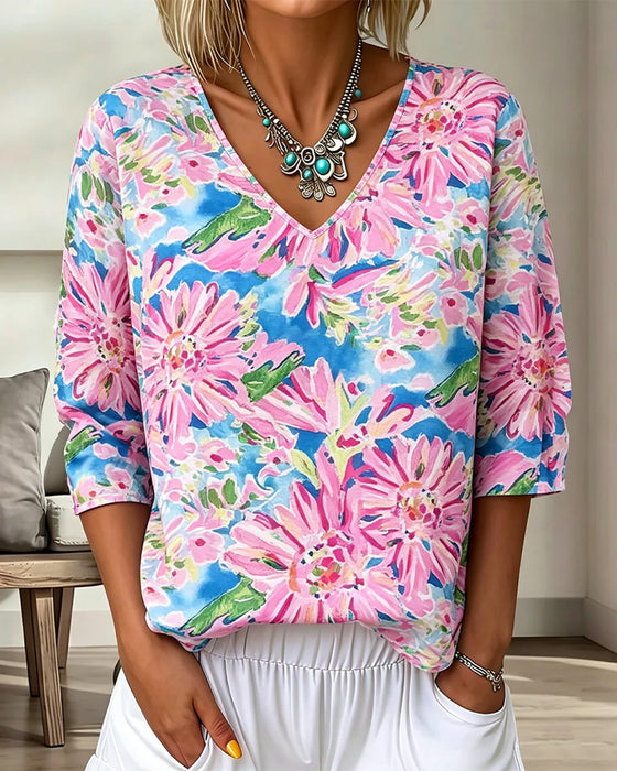 Bluse Blumig V-Ausschnitt Halbarm
