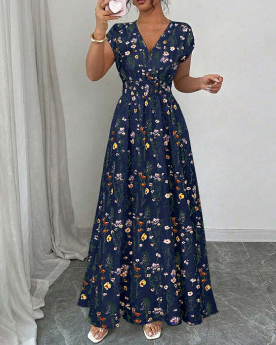 Lässiges Bedrucktes Maxikleid Mit V-Ausschnitt
