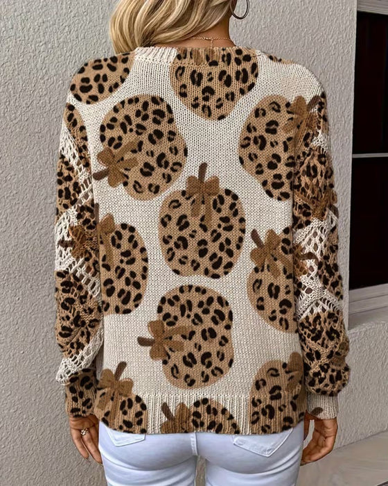 Pullover Leopard Kürbis V-Ausschnitt Ausgeschnitten