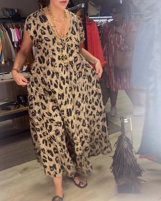 Kleid V-Ausschnitt Leopard Weiter Rock