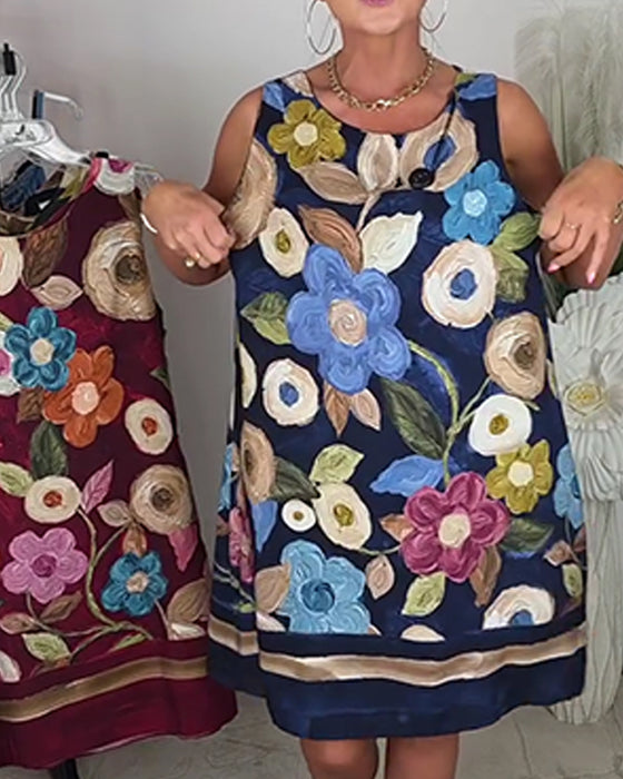 Kleid Ölgemälde Blumig Ärmellos Gerade