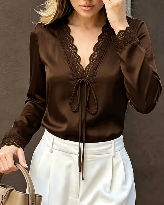 Bluse Langer Ärmel V-Ausschnitt Spitze Patchwork