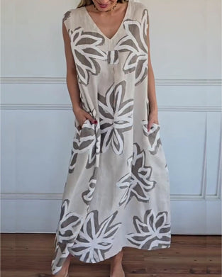 Kleid V-Ausschnitt Abstrakt Blumig Ärmellos