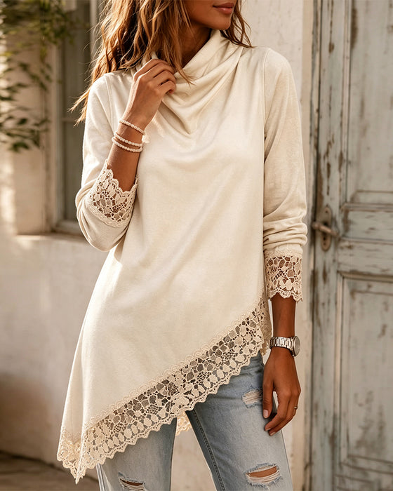Oberteil Mock Neck Spitze Patchwork Unregelmäßig