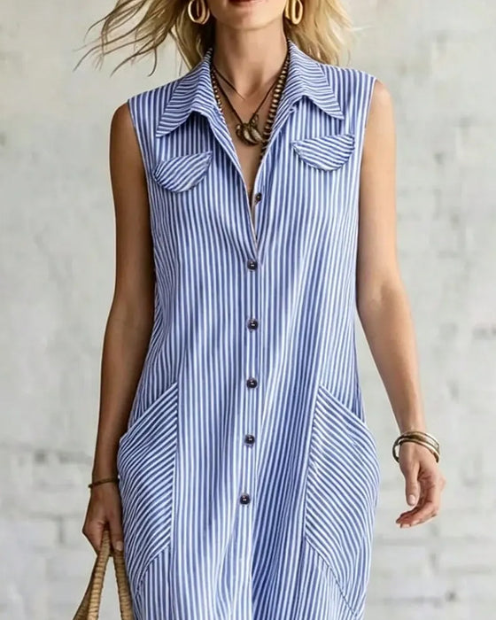 Kleid Ärmellos Revers Gestreift