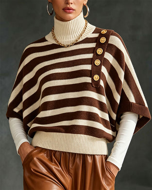 Pullover Rollkragen Knopf Gestreift Halbarm Sweater