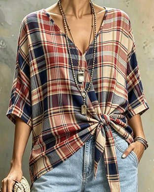 Bluse V-Ausschnitt Vornebinden Karo 3/4-Arm