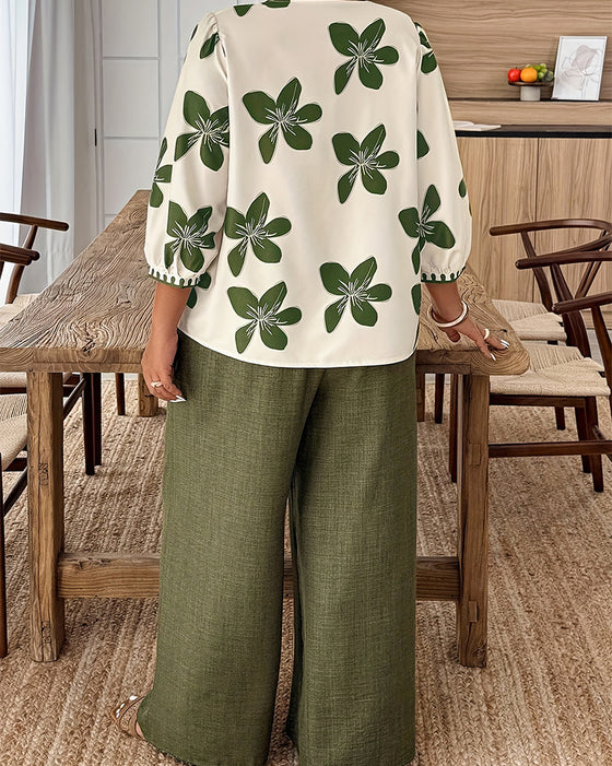 Set Blumig Druck V-Ausschnitt Top Weites Bein Hose