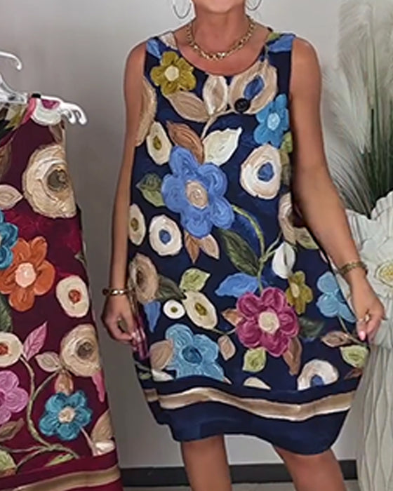 Kleid Ölgemälde Blumig Ärmellos Gerade