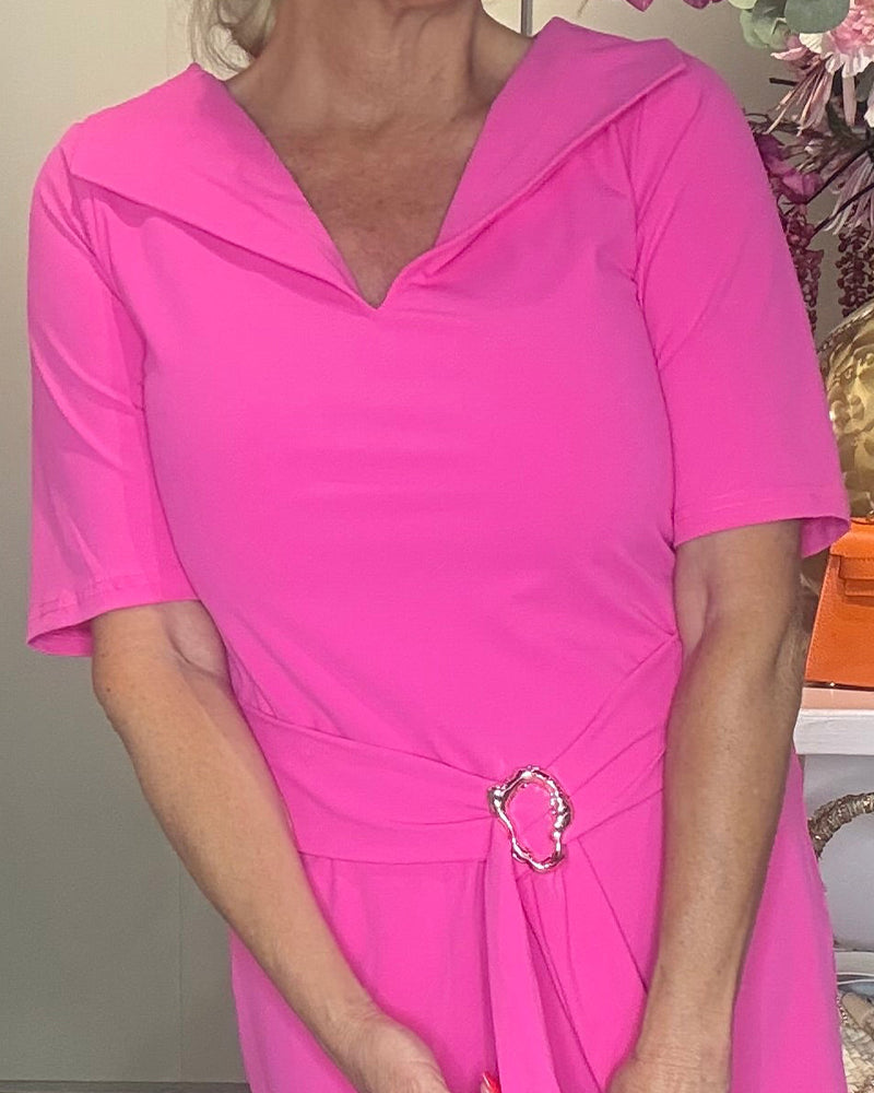 Kleid Uni Farbe Revers V-Ausschnitt Taille