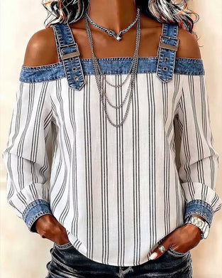 Bluse Denim Off-Shoulder Streifen Panel