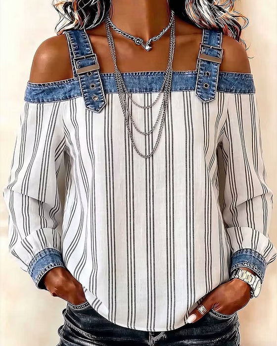 Bluse Denim Off-Shoulder Streifen Panel
