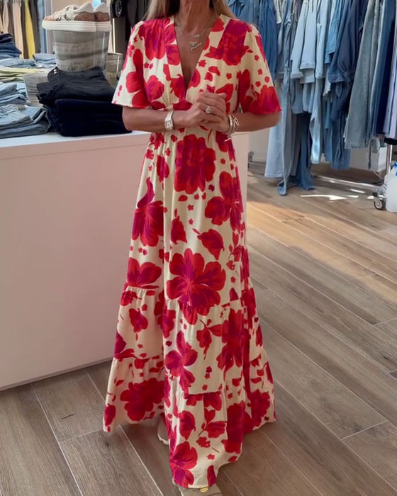 Kleid Tief V Resort Taille Gedruckt