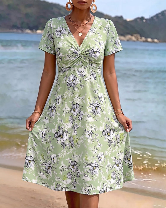 Kleid Blumen V-Ausschnitt Twist Knoten