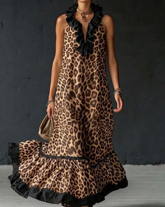 Kleid Ärmellos Rüschen Leopardenmuster