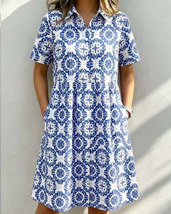 Kleid Hemdkragen Tasche Print