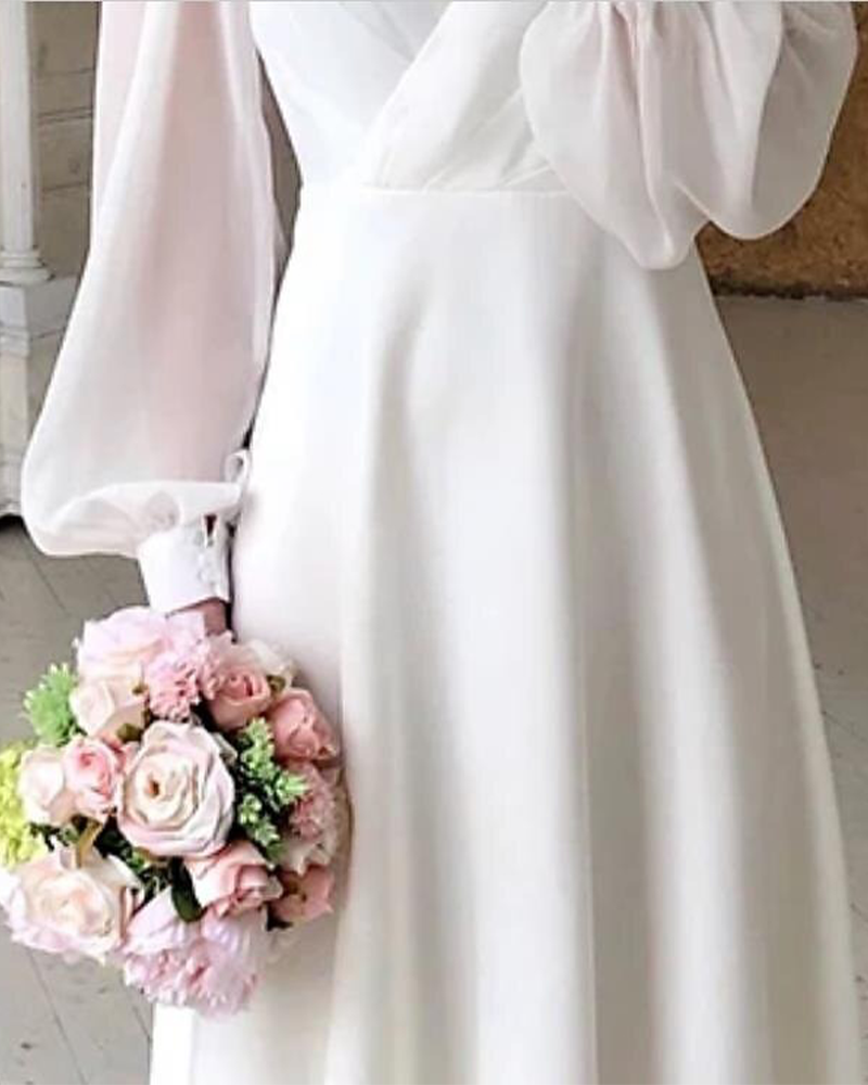 Kleid eleganter Puffärmel V-Ausschnitt