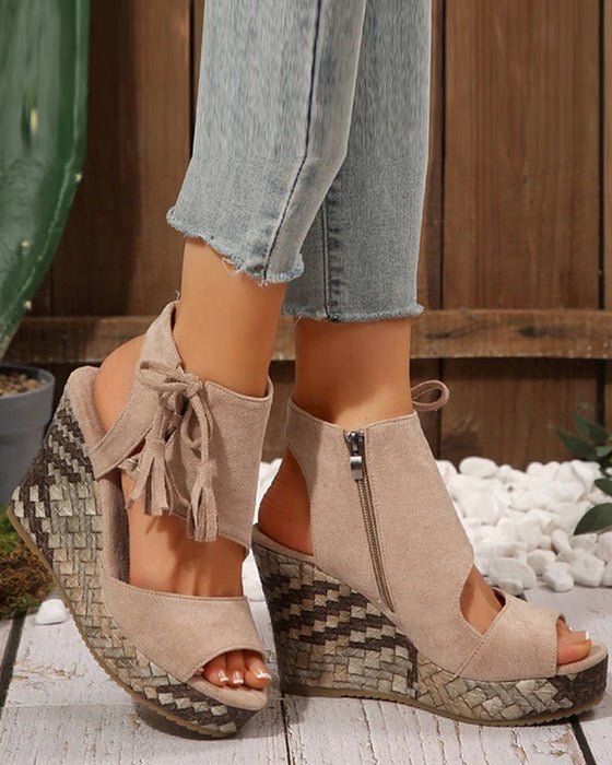 👡Damen-Sandalen mit offener Zehenpartie und Plateau-Keilabsatz und Quaste