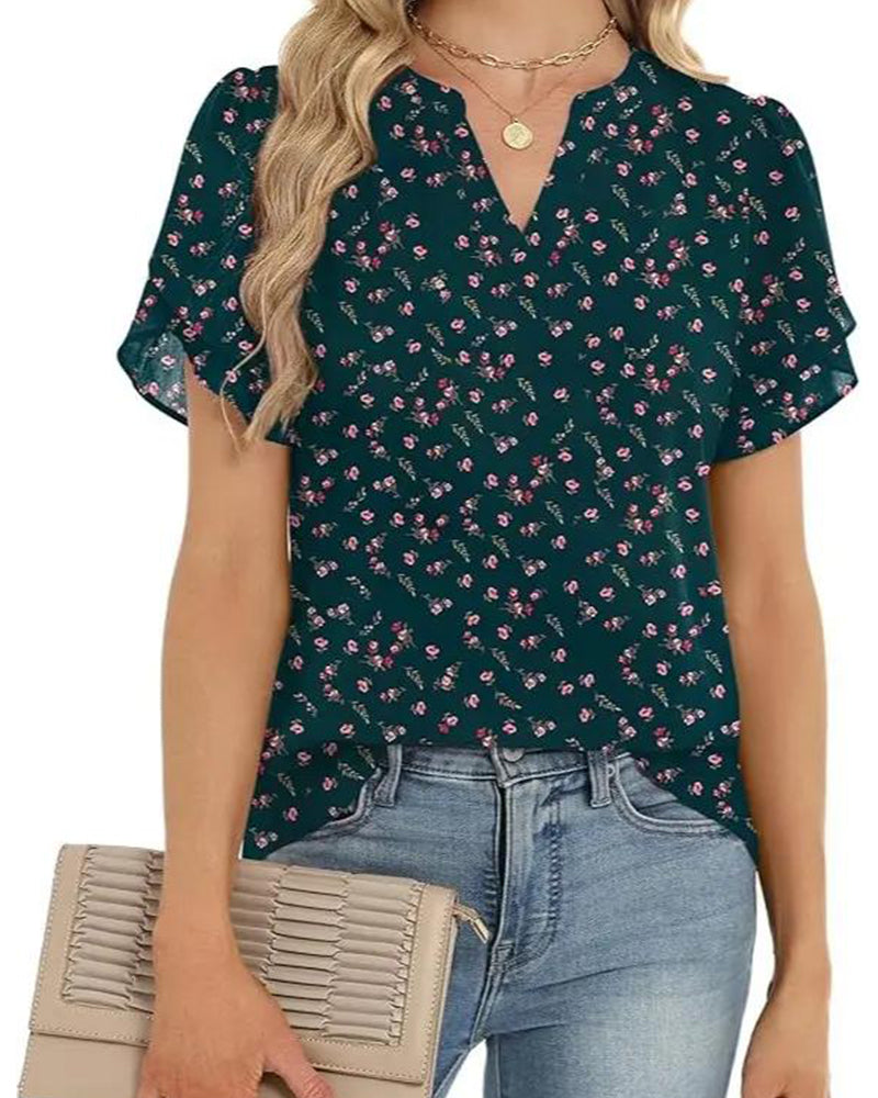 Bluse Blumenprint Kleiner V-Ausschnitt