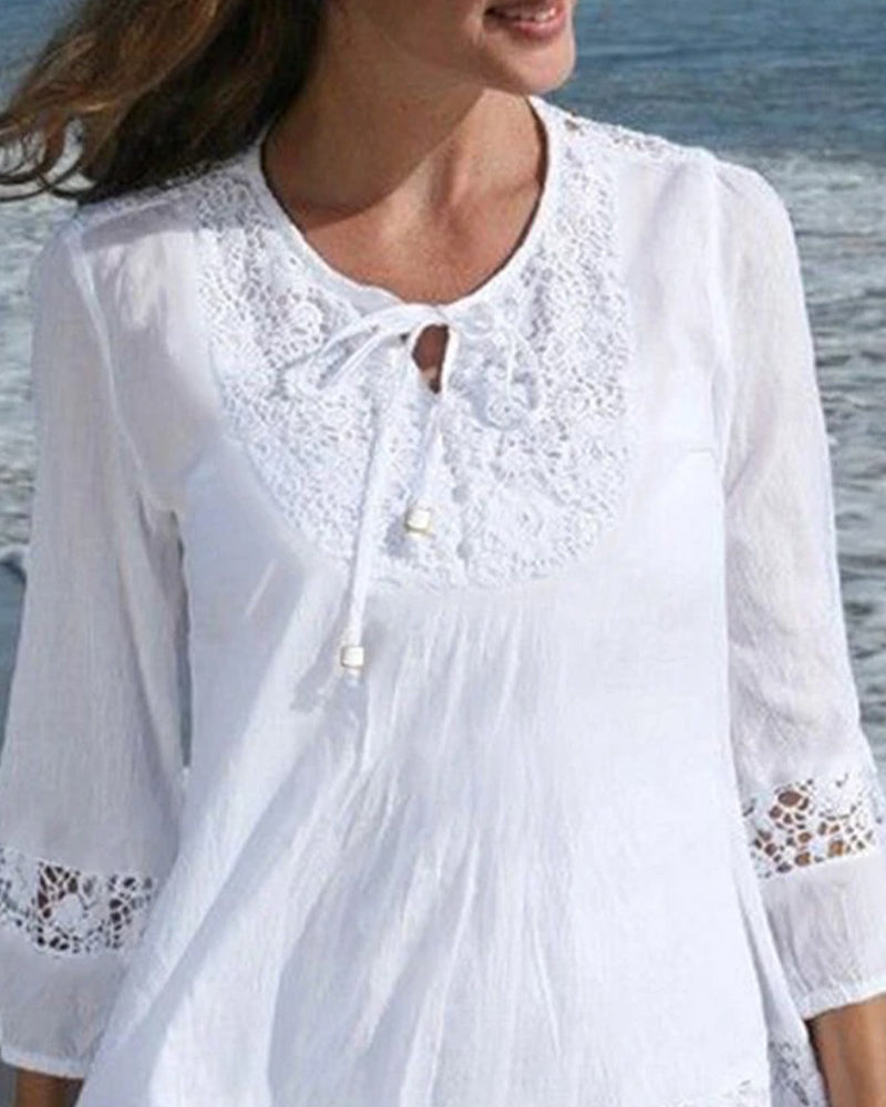 Bluse Rundhals Binden Spitze Patchwork Uni