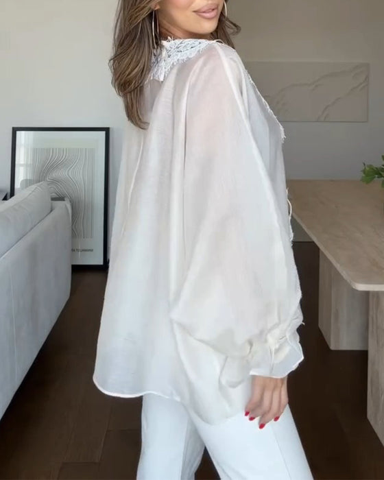Bluse V-Ausschnitt Spitze Panel Rüsche