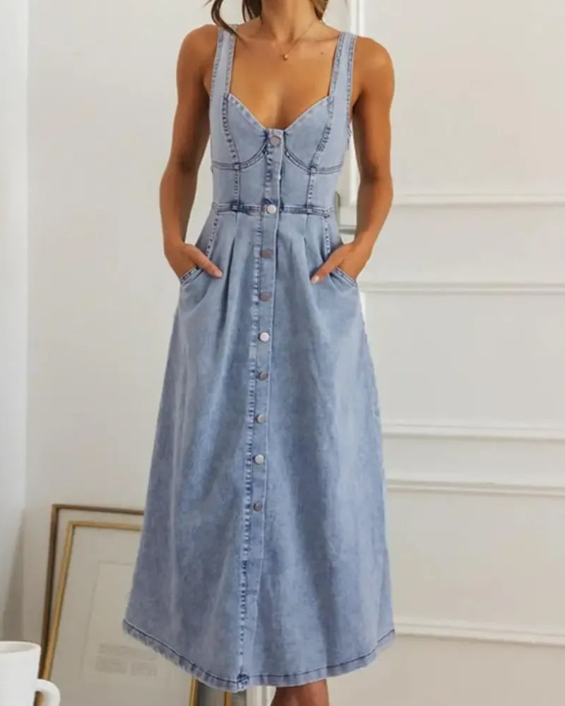 Kleid Spaghettiträger Knopf Taille Tailliert Denim