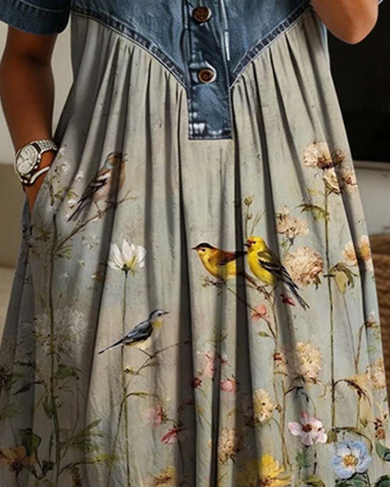 Kleid Hemdkragen Blumig Denim Patchwork