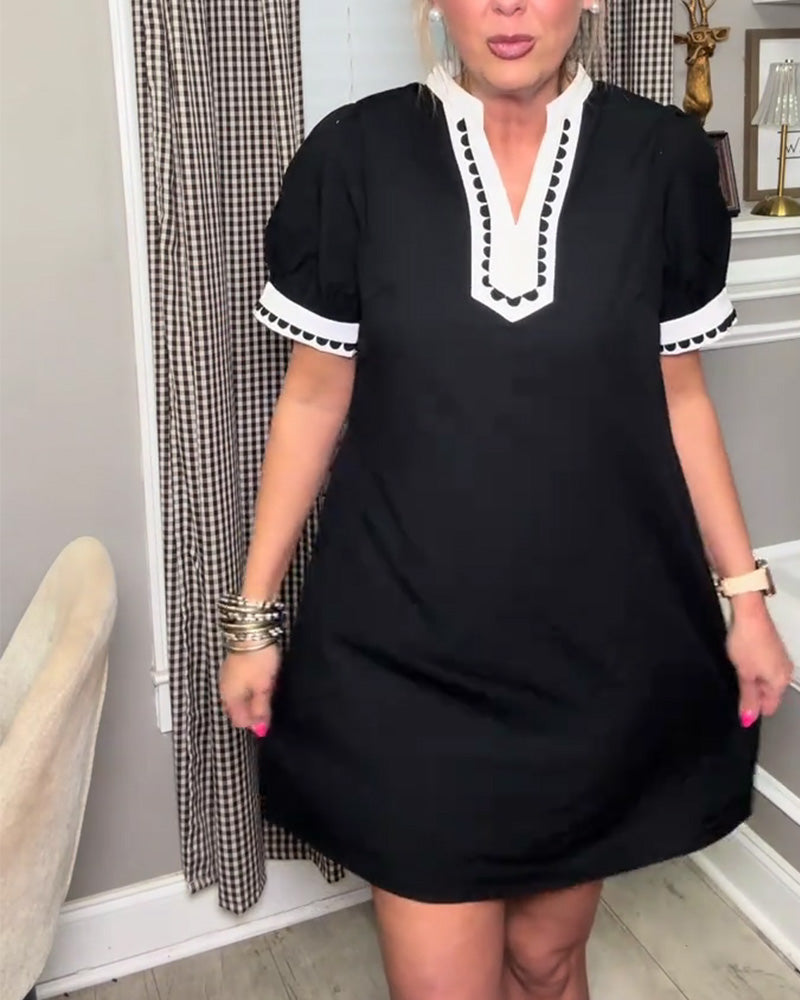 Kleid Blase Ärmel Farbblock V-Ausschnitt