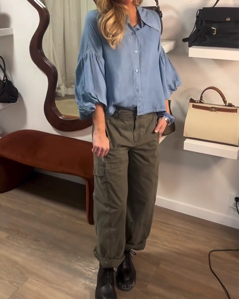 Bluse Puff Ärmel Kurz Kragen