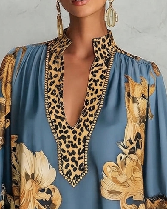 Kleid Leopard Laterne Ärmel Stehkragen Druck