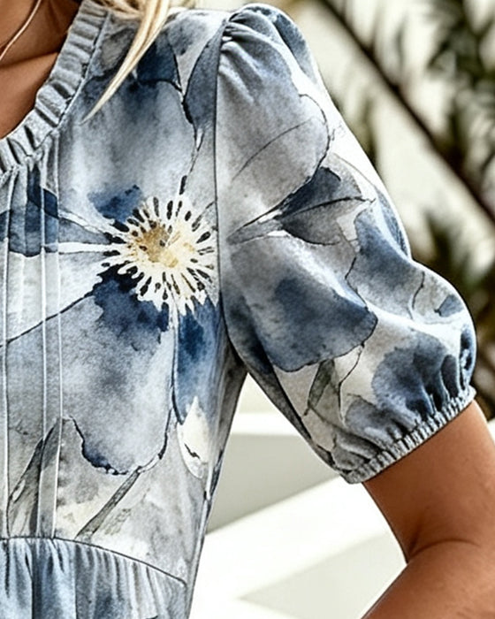 Kleid Rüsche Besatz Tie-Dye Blumig Taille