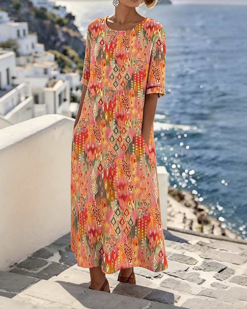 Kleid Runder Ausschnitt Resort Druck