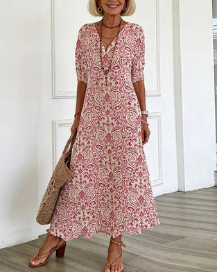 Kleid Vintage Blumenmuster V-Ausschnitt Maxi
